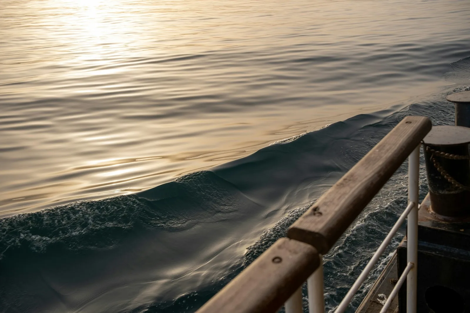 Barco de pasajeros cruzando el estrecho del Bósforo con gaviotas volando bajo la luz dorada del crepúsculo