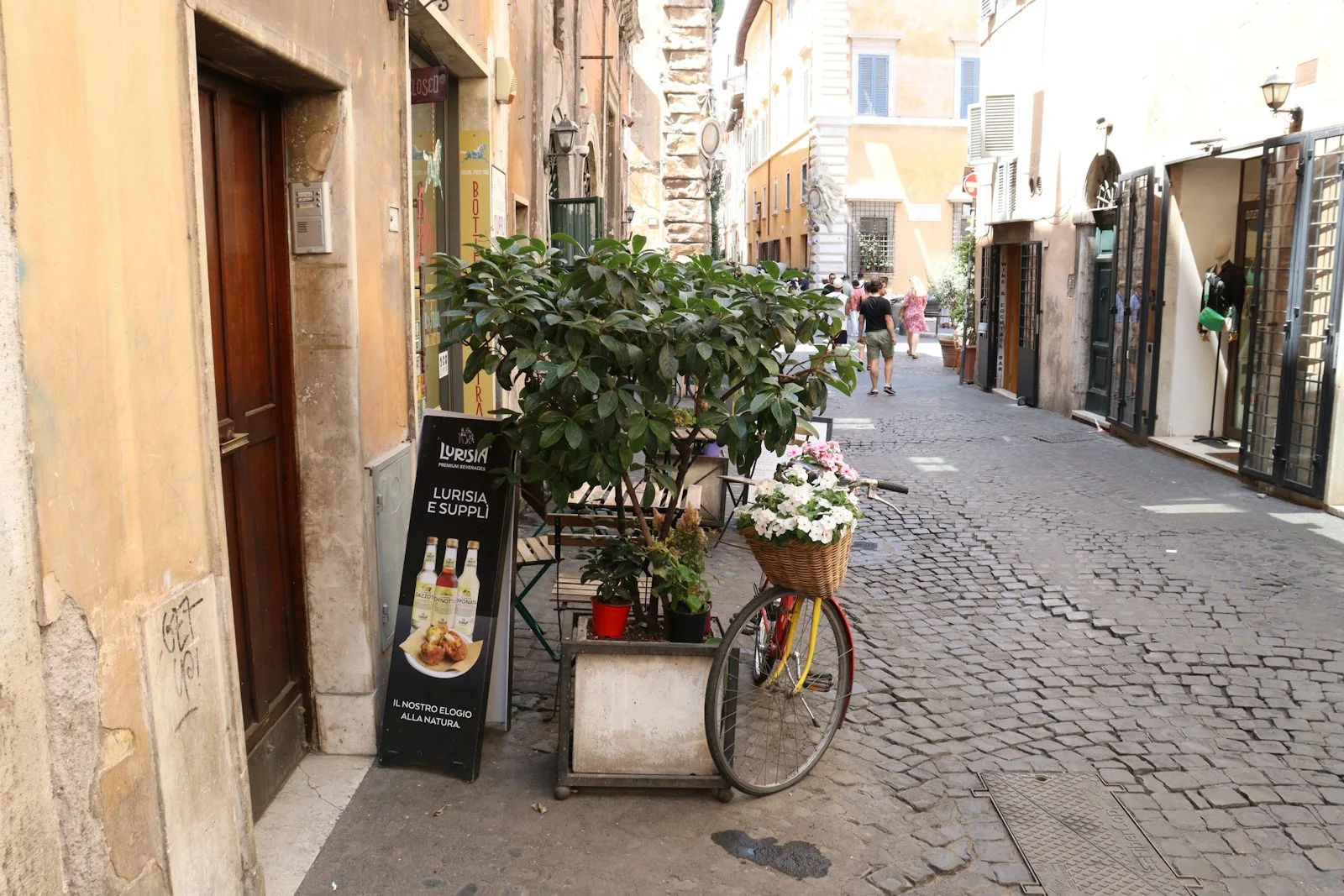 Callejuela empedrada tradicional con plantas y bicicletas en el barrio de Trastevere